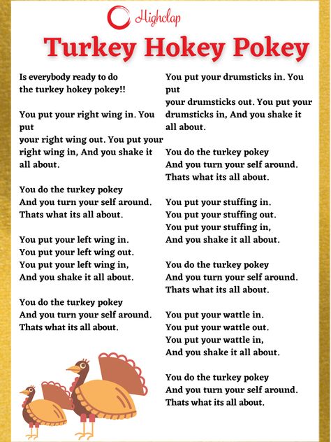 Turkey Hokey Pokey Lyrics– Thanksgiving | HighClap Turkey Pokey Song, Thanksgiving Nursery Rhymes, Thanksgiving Songs For Kindergarten, November Songs For Toddlers, Preschool Thanksgiving Songs And Poems, Turkey Rhymes Preschool, Turkey Circle Time Activities, Turkey Songs For Preschoolers, Thanksgiving Songs Preschool