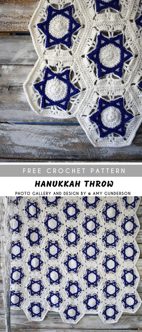 Hanukkah Crochet Throw with Free Pattern #crochetpatternsfree  #crochetblanket #throw #afghan Crochet Star Of David Pattern, Menorah Crochet Pattern, Crochet Star Of David Free Pattern, Jewish Sewing Projects, Star Of David Crochet Pattern, Jewish Crochet Patterns Free, Hanukkah Crochet Patterns, Crochet Star Of David, Crochet Menorah