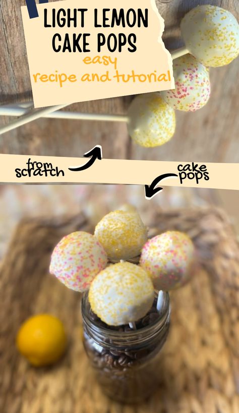 easy light lemon cake pops from scratch Cute Cake Pops Ideas, Lemon Cake Pops Recipe, Cake Pops Recipe From Scratch, Lemon Cake Balls, Cake Pops From Scratch, Light Lemon Cake, Lemon Cake Pops, Fancy Cake Pops, Best Lemon Cake