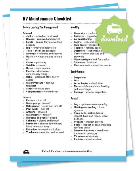 Printable rv maintenance checklist for motorhomes, 5th wheel campers, and travel trailers. Interior and exterior maintenance advice to do before leaving the campground, on a weekly, monthly, and yearly basis. Works for both RV full timers and seasonal campers Camper Maintenance Checklist, Rv Maintenance Schedule, Rv Maintenance Checklist, Rv Checklist Free Printable, Motorhome Life, Camper Checklist, Rv Cleaning, Rv Checklist, Camper Maintenance