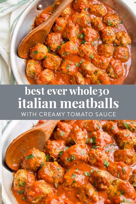 Best Ever Paleo Italian Meatballs with Creamy Tomato Sauce (Whole30, Low Carb) - 40 Aprons Paleo Italian Meatballs, Paleo Meatballs, Whole 30 Meatballs, Paleo Menu, 40 Aprons, Paleo Cookbook, Whole30 Keto, Whole 30 Diet, Creamy Tomato Sauce