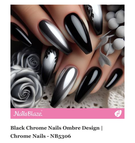 Black And Silver Chrome Nails Designs, Gunmetal Chrome Nails, Black Nails With Chrome Powder, Black And Silver Chrome Nails, Black And Chrome Nails Designs, Black Chrome Nails Designs, Black Chrome Nails, Matte Black Nails, Chrome Nails Designs