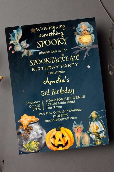 Spooktacular Halloween spooky birthday party invitation black starry background pumpkin cat owl Spooky Birthday Party, Backyard Halloween Party, Kids Halloween Birthday Party, Halloween Bday Party, Halloween Theme Birthday, Kids Halloween Party Invitations, Birthday Party Template, Halloween Birthday Party Invitations, Spooky Birthday