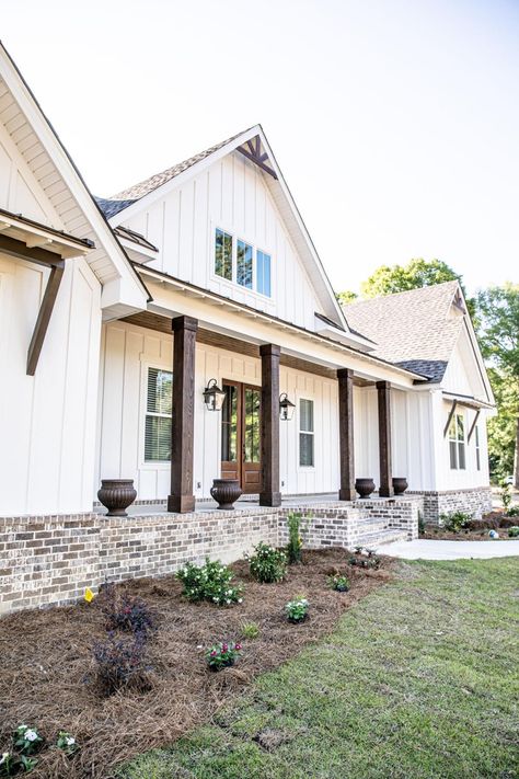 White Board And Batten Exterior With Wood Accents, Farmhouse Exterior With Wood Accents, Hardi Siding Exterior, Back Porch Siding Ideas, White House With Brick Accents Exterior, Modern Farmhouse Exterior Colors White, Barndo Exterior Ideas, Brick Inspiration, Exterior Brick Accents