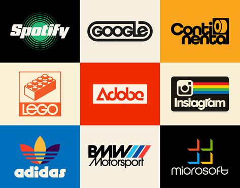 Famous logos reimagined in retro style Retro Type Logo, Logo Redesign Ideas, Retro Brand Design, Retro Logos 70s, Famous Brands Logo, Music Label Logo, 1970s Logo, Artist Logo Ideas, 90s Internet