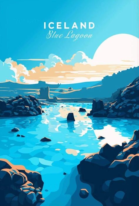 Island Blue Lagoon, Iceland Lagoon, Lagoon Iceland, Blue Lagoon Iceland, Retro Travel Poster, Travel Things, Living Water, Design Grafico, Travel Illustration