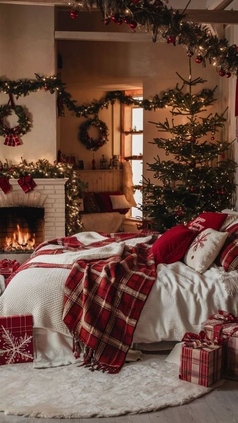 Christmas Bedroom Lights, Christmas Decoration Ideas For Bedroom, Christmas Farmhouse Bedroom, Christmas Bedding Idea, Bedroom Inspo Christmas, Christmas Decorations Bedroom Aesthetic, Christmas Bedding Decor Ideas, Hallmark Christmas Bedroom, Bedroom Ideas For Christmas