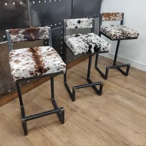 BESPOKE/ CUSTOM-MADE Cowhide & leather topped Steel bar chairs | Etsy Counter Top Bar Stools, Cowhide Bar Stools, Steel Bar Stools, Cowhide Furniture, Cowhide Pattern, Steel Stool, Steel Bench, Bar Stools With Backs, Upholstery Foam