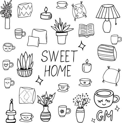 cozy home hand drawn in doodle style. set of elements for design sticker, poster, icon, card. , scandinavian, hygge, monochrome. lettering sweet, book, candles, pillows, vases with flowers, cups Hygge Drawing Ideas, Doodle Stickers Hand Drawn, Hygge Drawing, Hygge Doodles, Vase Doodle, Cozy Doodles, Pillow Doodle, Candle Doodle, Cozy Drawing