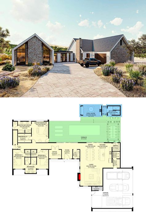 Two-Story Modern Style 5-Bedroom House Plan for a Wide Lot with Courtyard Entry Garage and Poolhouse 1000m2 House Plan, Ultra Modern House Plans, Cheap Modern House, Scandinavian House Plan, Entertainment House, Gardening Beds, U Shaped House Plans, L Shaped House Plans, U Shaped Houses