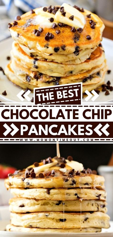 The BEST Chocolate Chip Pancakes Homemade Chocolate Chip Pancakes, Fluffy Homemade Pancakes, Chocolate Chip Pancakes Recipe, Homemade Pancakes Fluffy, Yummy Pancake Recipe, Homemade Pancake Recipe, Best Pancake Recipe, Best Chocolate Chip, Chocolate Chip Pancakes