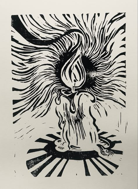 Lino Print Making, Linoleum Carving Ideas Block Prints, Candle Linocut, Printmaking Art Ideas, Lino Print Ideas Simple, Candle Collage, Printmaking Artists, Black And White Candle, Lino Print Artists