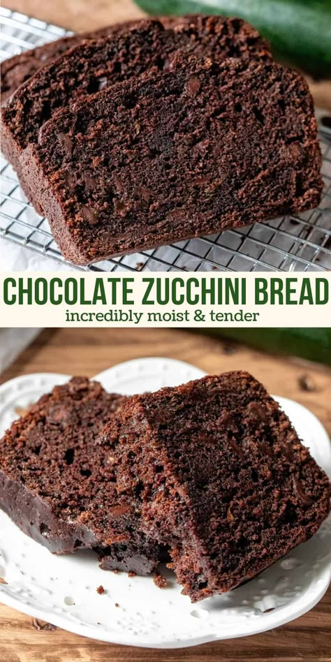 Chocolate zucchini bread that’s incredibly moist, not too sweet, and packed with chocolate chips. The grated zucchini dissolves as it bakes - leaving you with a delicious chocolate loaf that's incredibly tender. Perfect for your fresh garden zucchini! #zucchini #zucchinibread #chocolatezucchini #chocolateloaf #zucchiniloaf from Just So Tasty Choc Zucchini Bread, Pudding Zucchini Bread, Greek Yogurt Zucchini Bread, Chocolate Zucchini Loaf, Zucchini Loaf, Zucchini Recipes Dessert, Zucchini Chocolate, Chocolate Chip Zucchini Bread, Best Zucchini Bread