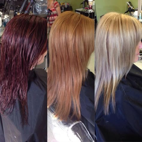 Before middle and after! Red to blonde hair by Trisha Hair Colors After Red, Transition From Red To Blonde Hair, Red To Blonde Transition, From Red To Blonde Hair Before And After, Hair From Dark To Light, Red To Blonde Hair Before And After, Red To Blonde Hair, Blonde To Red Hair Before And After, Softball Braids