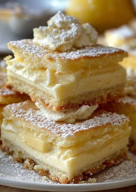 Indulge in creamy, dreamy Vanilla Custard Squares topped with a buttery crust—your new favorite dessert delight! Perfect for any sweet tooth! 🍮✨ #VanillaCustard #Dessert #SweetTreats #Baking #CustardSquares Cream Slice Recipe, Custard For Tarts, Classic Vanilla Custard Bars, Caramel Custard Tart, Vanilla Custard Squares, Custard Rolls Recipe, Custard Pies Recipes, Custard Squares Recipe, Vanilla Cream Desserts