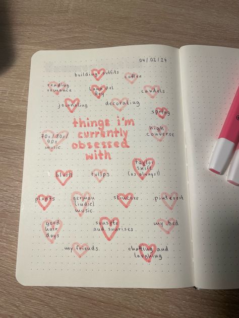 love, journal, journaling, obsessions, hearts, things i love, things i’m obsessed with Things I Love Journal Ideas, Things To Write In My Notebook, My Current Obsessions Journal, Thing I Love Journal, Things I Love Scrapbook, Journaling Things I Love, Things I Adore Journal Page, Things To Write In Notebook, Things I Love About Myself Journal