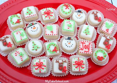 Christmas Petit Fours- A Cake Decorating Video Tutorial | My Cake School Christmas Petit Fours, Petit Four Recipes, Decorating Videos, Birthday Desserts, Cake Decorating Videos, Christmas Sweets, Christmas Cupcakes, Christmas Cooking, Christmas Tea