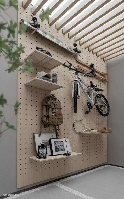 Wooden Pegboard, Gear Room, Pegboard Organization, Bike Room, Gym Room At Home, Hal Decor, Gym Room, Gym Decor, Bike Storage