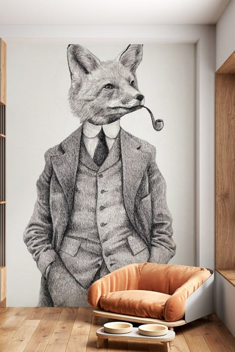 One of Happywalls vibrant wallpapers featuring a fox in the wild Framed Out Wallpaper, Wall Mural Wallpaper Nature, Woodland Wallpaper Living Rooms, Wallpaper For Family Room, Fun Wallpaper Bathroom Powder Rooms, Christmas Wrapping Paper Wall, Dramatic Dining Room Wallpaper, Wallpaper Stairway Wall, Wallpaper In Panels