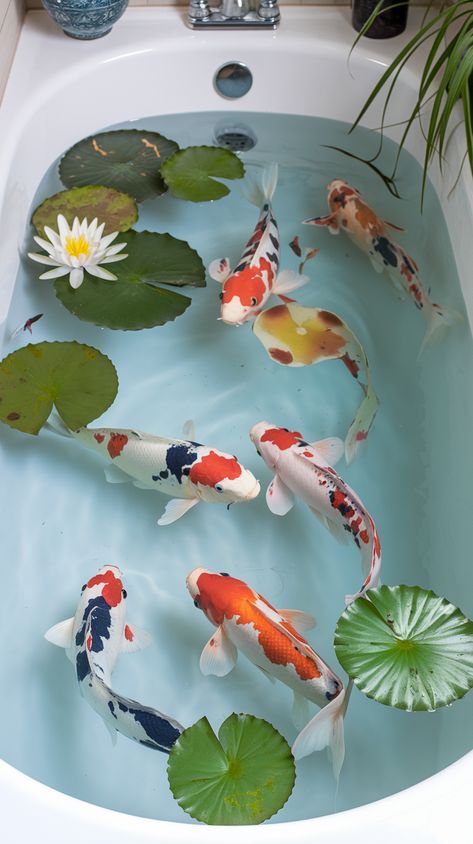 indoor koi fish pond on a bathroom tub with some lily pads Koi Fish Pond Ideas, Diy Koi Pond, Koi Fish In Water, Fish Pond Ideas, Indoor Pond Ideas, Small Fish Pond, Raised Pond, Indoor Pond, Koi Pond Design