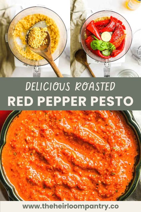 Roasted red pepper pesto made with roasted red peppers, basil, garlic, Parmigiano-Reggiano, Pecorino Romano, and toasted pine nuts. Red Pepper Pesto Recipe, Red Pepper Sandwich, Pepper Sauce For Steak, Roasted Red Pepper Pesto, Pizza Panini, Red Pepper Pasta Sauce, Red Pepper Pesto, Ravioli Sauce, Pepper Pesto