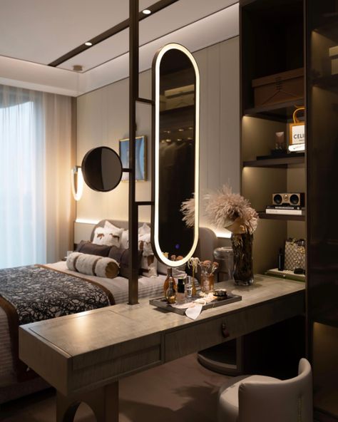 Bedroom Seating Corner, Dressing Table Ideas Modern Luxury, Open Dressing Room, Mirror Panel Wall, Mirror Panel, Bedroom Corner, Bedroom Seating, Panel Wall, Dressing Mirror