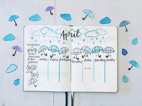 Jaclyn K (@jaclyns.journal) posted on Instagram: “I am so very behind on posting my April Spread so here’s a three week catch up! ☔️💧🌧 #bulletjournal #bujo #bulletjournalumbrella…” • Apr 27, 2021 at 4:57pm UTC April Weekly Bullet Journal, April Journal Spread, April Reading Journal Spread, April Bujo Ideas, April Showers Bullet Journal, April Bullet Journal Weekly Spread, April Journal Ideas, April Weekly Spread, April Spread