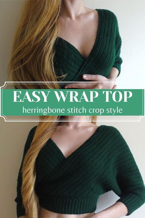 This super easy and beginner friendly crochet wrap top is a flattering crop style with a beautiful chunky herringbone stitch giving it lots of texture and warmth. Full video tutorial at the link and written instructions found in the video description 💚 #crochettop #crochetcroptop #crochetjumper #crochetsweater #crochetcrop #easycrochet #beginnercrochet #crochettutorial Easy Crochet Wrap, Crochet Wrap Top, Sweatshirt Romper, Easy Wrap, Confection Au Crochet, Herringbone Stitch, Crochet Clothes For Women, Crochet Simple, Grey Turtleneck