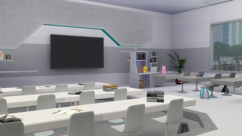 Luxury Classroom, Futuristic Classroom, Innovative School Design, High Tech Classroom, Futuristic School, Luxury School, Sims 4 Folder, Building Design Plan, Classroom Interior