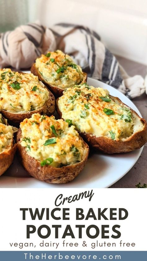 Vegan Twice Baked Potato Recipe (Dairy & Gluten Free) Paleo Baked Potato, Vegan Gluten Free Fall Dinner, Vegan Twice Baked Sweet Potatoes, Paleo Twice Baked Potatoes, Gluten Free Twice Baked Potatoes, Vegan Dutchess Potatoes, Gf Df Potato Recipes, Potato Dishes Vegan, Dairy Free Baked Potato Toppings