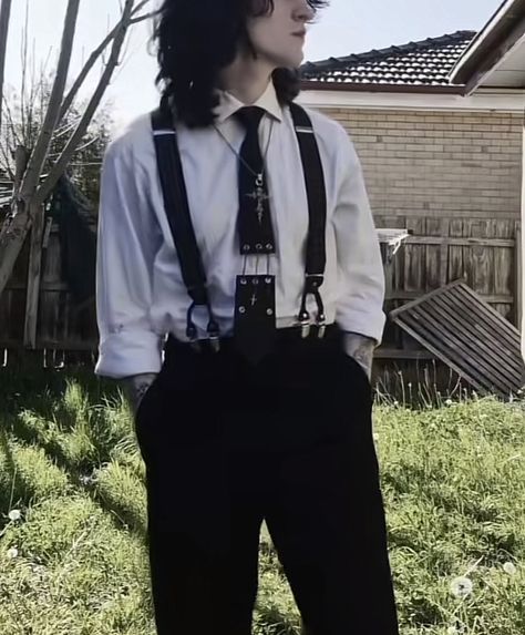 Masc Outfits With Corset, Masc Fancy Outfits, Dark Clothes Men, Suit Alternative, Alt Suit, Alternative Suit, Men In Suits, Corporate Goth Men, Grunge Suit