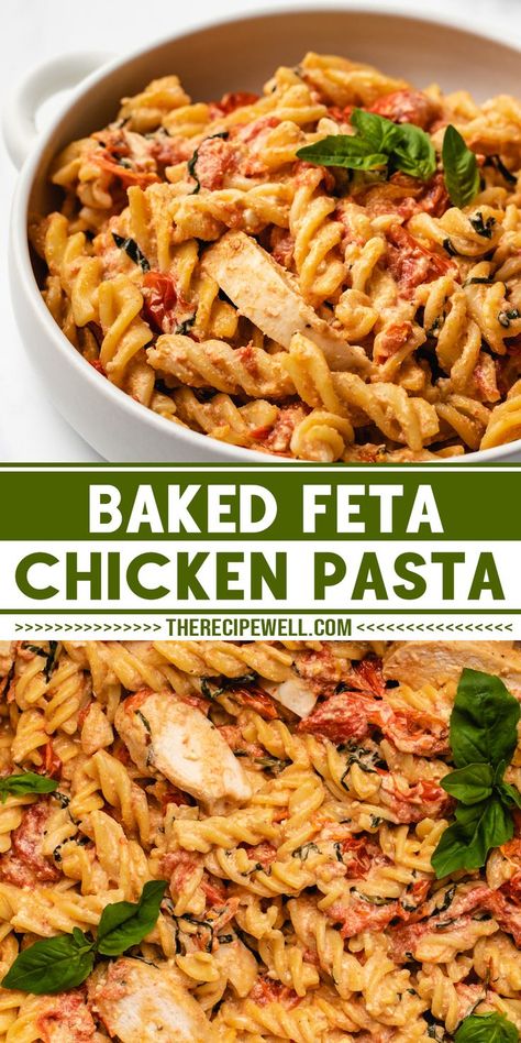 Quick Lunch With Chicken, Feta Pasta Bake With Chicken, Pasta Bake Recipes Healthy, Baked Feta Chicken Pasta, Chicken And Feta Pasta, Healthy Chicken Pasta Casserole, Tick Tok Pasta, Easy Pasta With Chicken, Baked Feta Pasta With Chicken