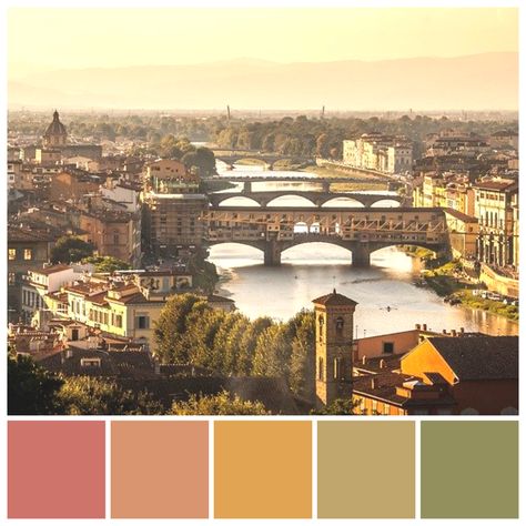 The colours of Florence, Italy, reflect the colours of terracotta, ochre and olive. Colour palette illustration by Zena O’Connor, PhD © Design Research Associates. Ocher Palette, Colourways Colour Palettes, Colour Palette Mediterranean, Tuscan Colour Palette, Florence Color Palette, Venice Colour Palette, Italian Color Scheme, Italy Colour Palette, Terracotta Olive Color Palette