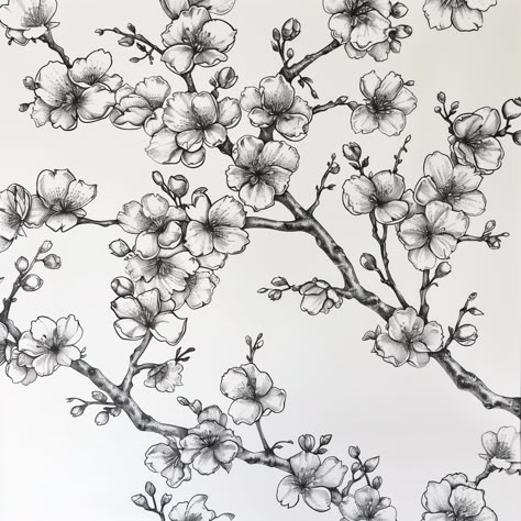 a cherry blossom pattern hand sketched with a black pen on a white background Cherry Blossom Sketch Drawings, Cherry Blossoms Sketch, Cherry Blossom Tree Outline, Cherry Blossom Sketch, Cherry Blossom Tree Drawing, Black And White Cherry Blossom, Drawing Tracing, Cherry Blossom Drawing, Plant Drawings