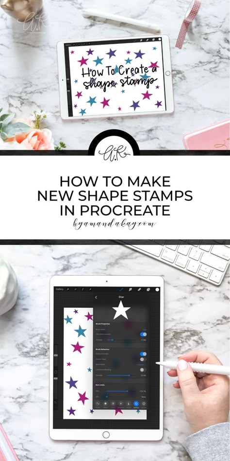 Easy tips and tutorial to teach you how to create a stamp brush in Procreate. Make it a fun shape or doodle, or create a stamp with your logo to brand your work on Instagram! #procreate #procreatetutorial #procreatebrushes #procreatestamp #procreatetips Procreate And Cricut, Ipad Drawing App, Procreate Tools, Procreate App Tutorial, Basic Calligraphy, Hand Typography, Ipad Lettering Procreate, Handlettering Inspiration, Amanda Kay