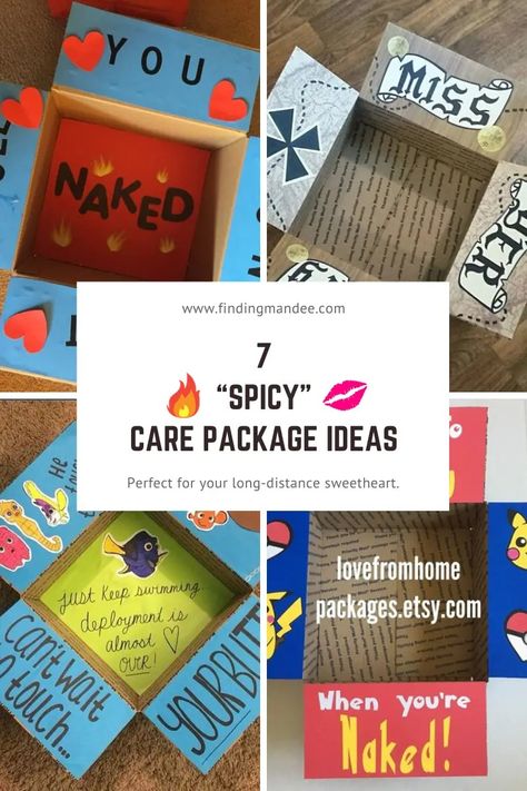 7 Spicy Care Package Ideas - finding mandee Care Package Ideas Valentines Day, Husband Care Package Ideas, Valentine’s Day Care Package Deployment, Deployment Anniversary Care Package, Valentine Deployment Boxes, Funny Deployment Care Packages, Valentines Care Package For Him, Army Care Package Ideas Boyfriends, January Care Package Ideas