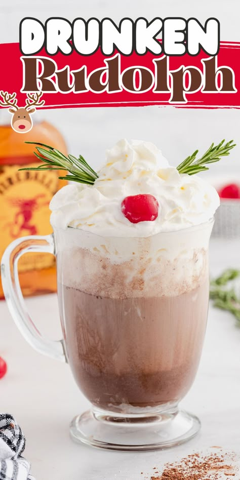 Drunken Rudolph, Adult Hot Chocolate, Hot Chocolate Cocktail, Christmas Drinks Alcohol Recipes, Xmas Drinks, Christmas Party Drinks, Christmas Drinks Recipes, Spiked Hot Chocolate, Christmas Drinks Alcohol