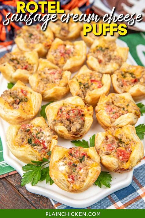 Rotel Sausage Cream Cheese Puffs - Plain Chicken Playoff Puffs Recipe, 12 Tomatoes Playoff Puffs, Sausage And Cream Cheese Wontons, Cheesy Sausage Puffs, Cheesy Sausage Puff Pastry Rolls, Sausage Canapes, Italian Sausage Appetizer Recipes, Morning Tailgate Food, Finger Foods Appetizer Recipes Christmas