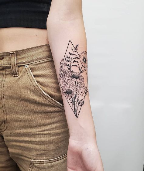 Heather 💜 on Instagram: “Some geometric and floral for Jordyn! 🌹♦️ Thank you for looking! #tattoo #tattoos #blackandgrey #flowers #flowertattoo #floral…” Collage Sleeve Tattoo Women, Diamond Geometric Tattoo, Diamond Floral Tattoo, Floral Diamond Tattoo, Geometric Forearm Tattoo Women, Geometric Wildflower Tattoo, Geometric Tattoo With Flowers, Geometrical Flower Tattoo, Geometric And Floral Tattoo