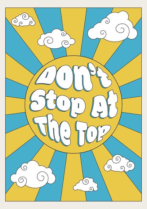 Retro poster in groovy style with sun in the sky with clouds and motivational phrase, vertical vector banner, card, 1970s poster with old fashioned font. Retro Motivational Poster, Punk 1970s, Groovy Text, Sun In The Sky, Old Fashioned Fonts, Sky With Clouds, Text Poster, Punk Pins, Vector Banner