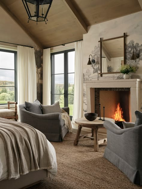 This Country House Is a Master Class in Rustic Modern Design Beach House Master, Goals List, Primary Suite, Bedroom Fireplace, Bathroom Tile Designs, Cottage Bedroom, Studio Mcgee, Master Bed, Primary Bedroom