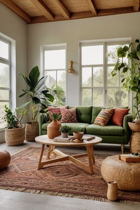 Green Wall Eclectic Living Room, Olive Green Sofa Boho, Green And Rattan Living Room, Green Sofa With Rug, Jade Sofa Living Room, Living Room Design Green Couch, Rust And Green Living Room Decor, Earthy Tones Apartment, Green Sofa Rug Ideas