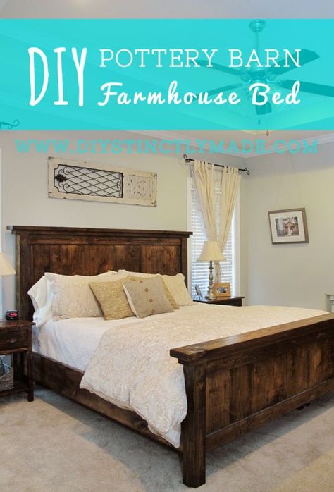 DIY Pottery Barn Farmhouse Bed - Easy plan and cost less than $200 to build | DIYstinctlyMade.com #diy #potterybarn #farmhouse Pottery Barn Farmhouse Bed, Pottery Barn Farmhouse, Diy Farmhouse Bed, Diy Keramik, Farmhouse Bed, Diy Platform Bed, Honey Do, Diy Bed Frame, Cama King