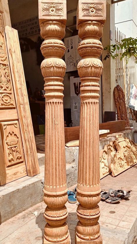 Indian Pillars Design, Wooden Pillars Design, Indian Pillar, Square Pillar Design, Refurbished Door, Wood Pillars, Wooden Pillars, Wooden Front Door, House Outer Design