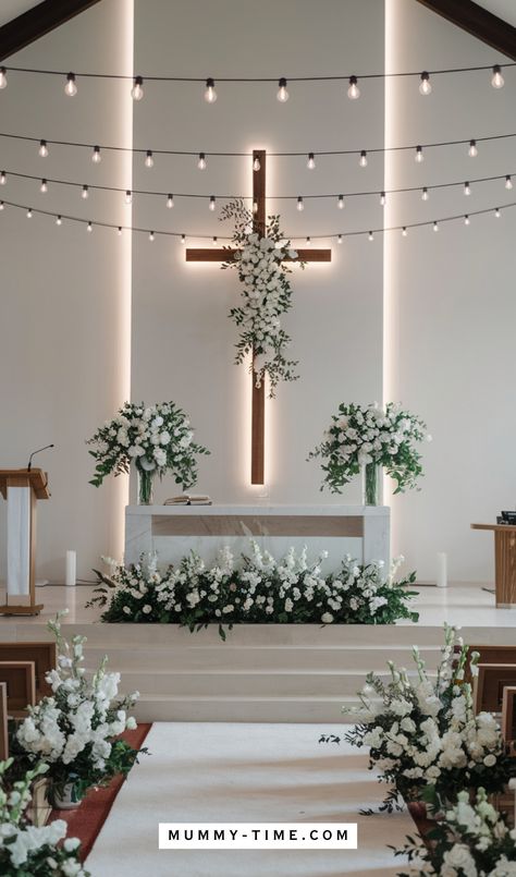 15 Church Wedding Decorations You'll Love | Mummy Time Simple Wedding Altar Decorations, Simple Wedding Decorations Ceremony, Spring Church Decorations, Altar Wedding Decorations Church, Wedding Aisle Decorations Indoor Church, God Wedding Ideas, Alter Decoration Church, Church Alters Design, Wedding Church Decorations Catholic