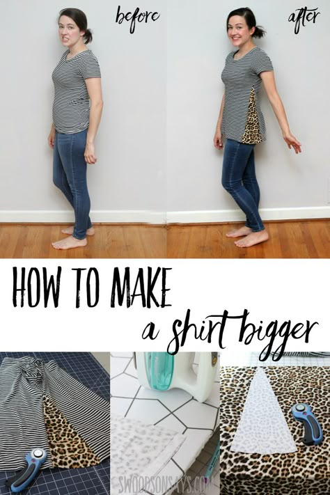 How to add fabric to a shirt to make it bigger - beginner refashion sewing tutorial to make shirts fit better! Refashion a tshirt to be bigger with this fast sewing project! Great for beginners, click through to see the photo walk through of how to add fabric to the side of a shirt. Free tutorial shared in sponsored post in collaboration with JOANN. #ad #sewing #crafts #handmadewithjoann Gamle T Shirts, Sewing Refashion, Umgestaltete Shirts, Photo Walk, Sew Easy, Beginner Sewing, Sewing Projects For Beginners, Making Shirts, Easy Sewing Projects