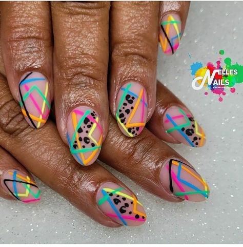 Cool Funky Nails, 80s Nails Designs, Different Color Nails Acrylic, Old School Nail Designs, 80’s Nails, 80s Inspired Nails, 80s Nail Art, 70s Nail Designs, 80s Nail Designs