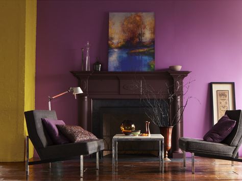 This bold color combination creates a luxurious living area with Valspar SignatureTM paint in Sonic Plum 4002-10C. Explore Sonic Plum: http://www.valsparpaint.com/en/search/deep-link/4002-10C.jsp Ideas For Guest Bathroom, Violet Interior, Plum Bedding, Purple Paint Colors, Pink Paint Colors, Pink Rooms, Perfect Paint Color, Purple Wall, Kitchen Paint Colors