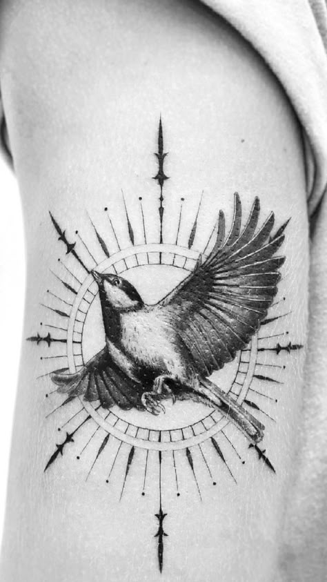 Bird With Halo Tattoo, Black Traditional Tattoo Old School, Black Traditional Tattoo, Halo Tattoo, Bird Tattoo Men, Tattoos 2023, Masculine Tattoos, Traditional Tattoo Old School, Medieval Tattoo