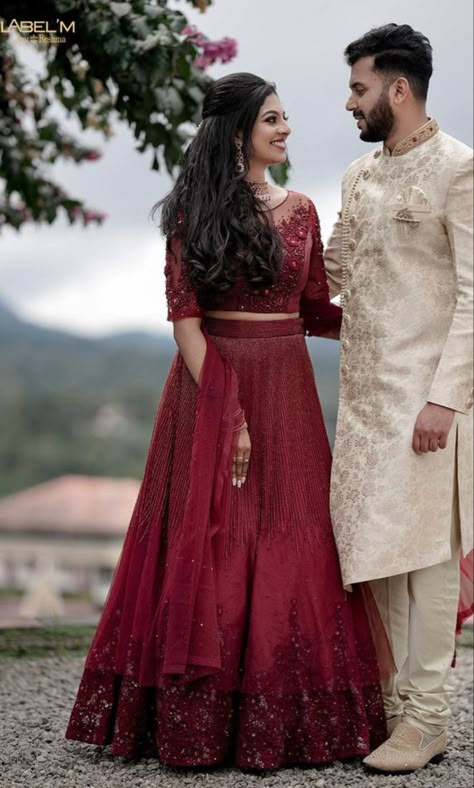 Wine Red Engagement Dress, Engejment Dress Indian Couple, Registration Of Marriage Outfit, Lehanga For Reception Bridal Couple, Kerala Engagement Couple Dress, Bride And Groom Colour Combination, Couple Reception Outfit Indian, Couple Engagement Dress Indian, Kerala Engagement Dress Hindus Couple